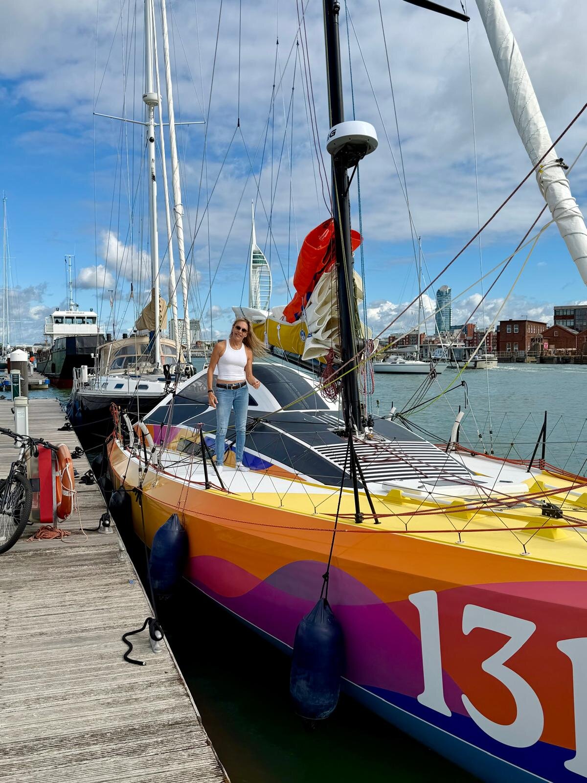Guerrera dockside during commissioning in Gosport, England, with the Spinnaker Tower in the background