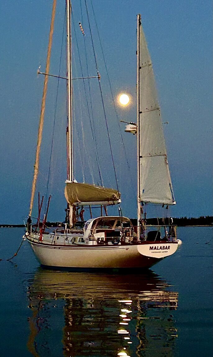 Malabar at anchor under a full moon, Southwest Harbor